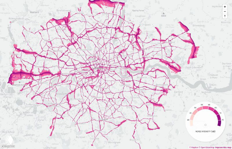 Карта шумового загрязнения Лондона: концентрированные шумовые коридоры вдоль транспортных артерий и центральных улиц, показаны розовым