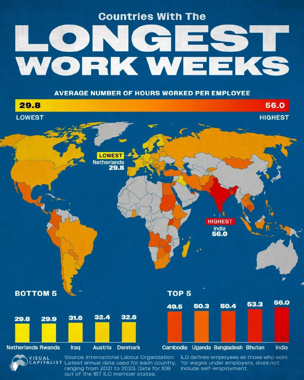 Среднее число рабочих часов в неделю в 108 странах, 2023