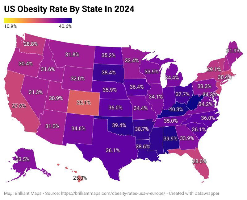 Карта США с окраской по доле взрослого населения с ожирением по штатам в 2024 году: процентные значения и градация цветов.