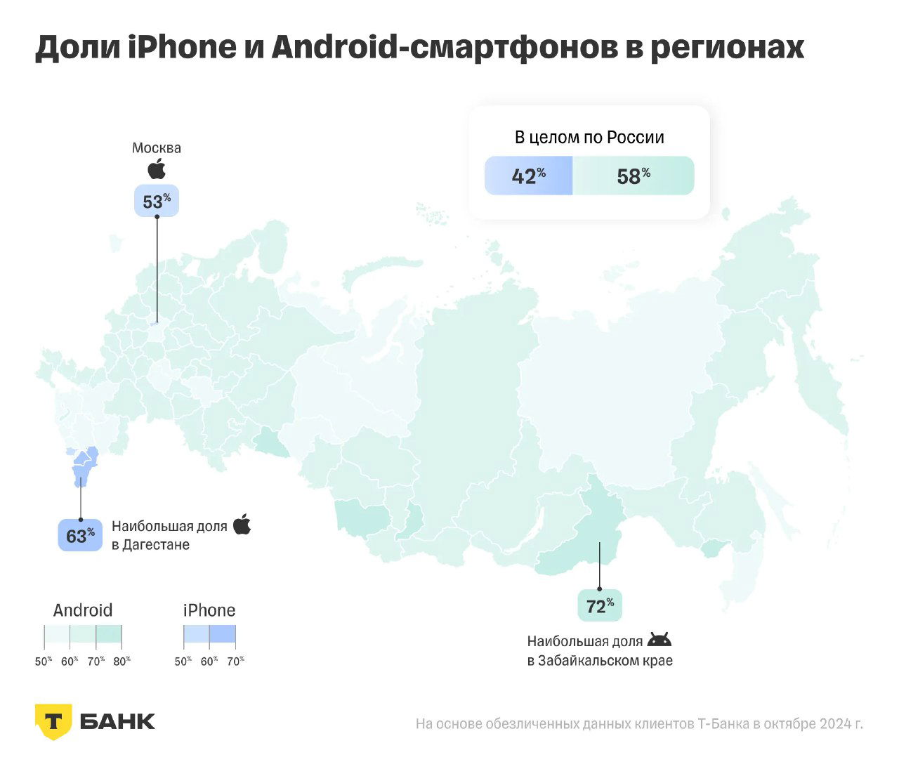Траты владельцев iPhone и Android в России, 2024
