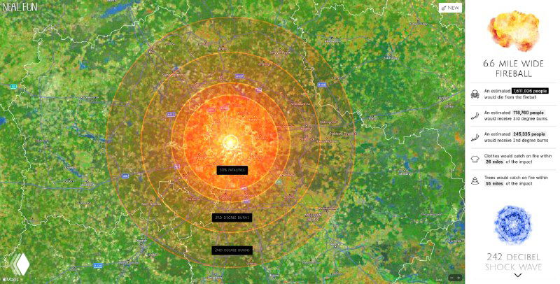 Карта с оранжево-жёлтой визуализацией огненного шара и наложенными кольцами зон ударной волны, ветров и теплового излучения.