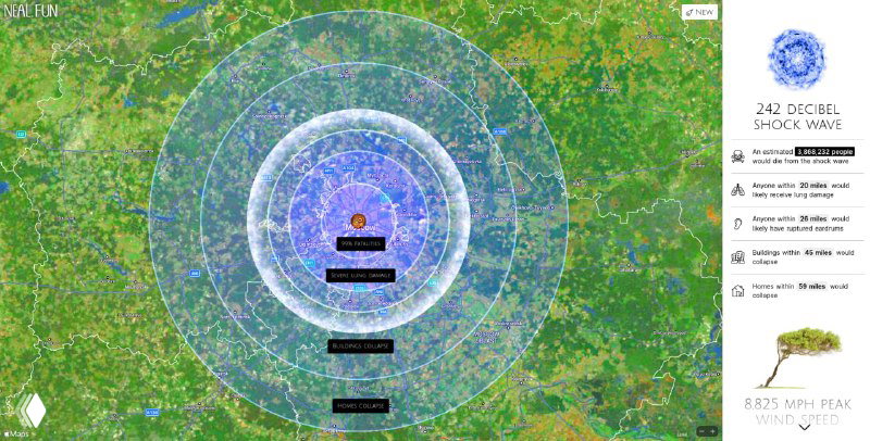 Карта с фиолетово-голубыми концентрическими кольцами, иллюстрирующая ударную волну, сейсмическую зону и радиусы разрушений вокруг точки падения.