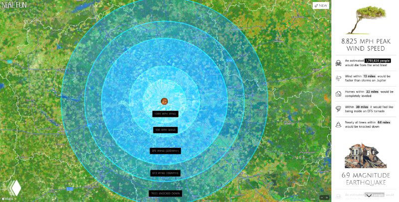 Карта с градуированными синими кольцами, показывающая ветровые зоны и распределение повреждений по расстоянию от эпицентра удара.