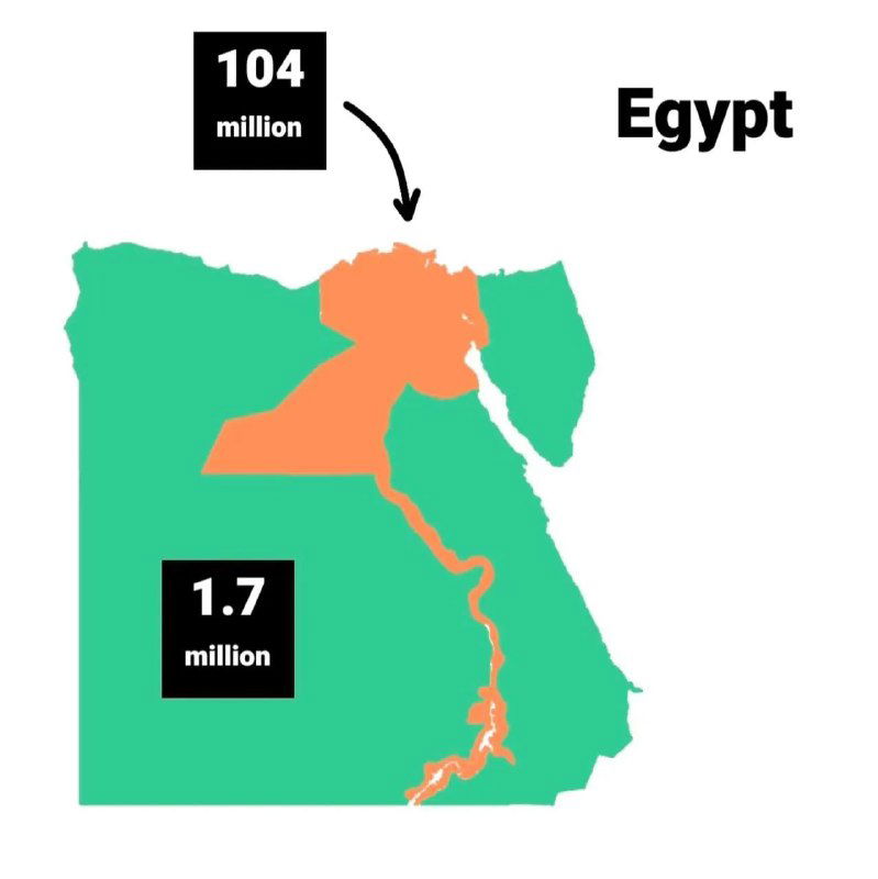 Карта Египта с выделением узкой полосы вдоль Нила и подписями 104 млн и 1.7 млн — показано, где сосредоточено население страны.