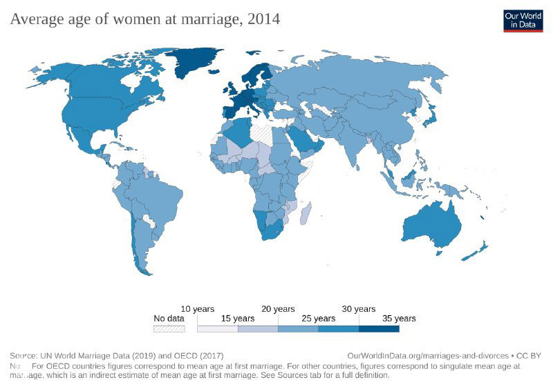 Карта среднего возраста женщин при вступлении в брак (2014) по странам, разные оттенки синего отражают возрастные группы женщин в момент брака.