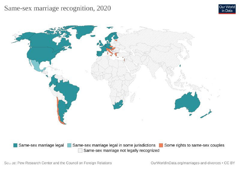 Карта 2020 года: страны, где разрешены однополые браки, выделены зелёным, отмечены юрисдикции с полным признанием и с частичными правами.