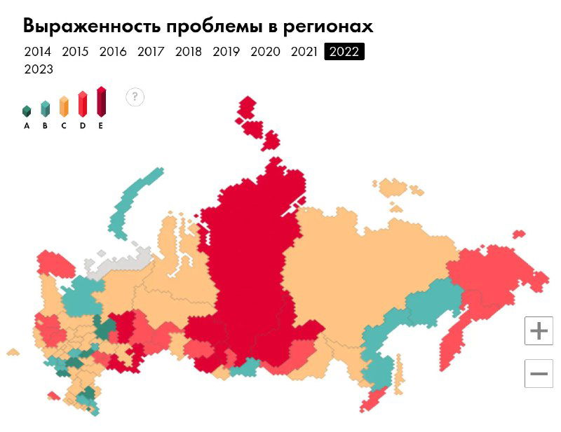 Визуализация по регионам РФ: карта с градацией проблемы ВИЧ, удобная для сравнения изменений по субъектам и годам в исследуемом периоде.
