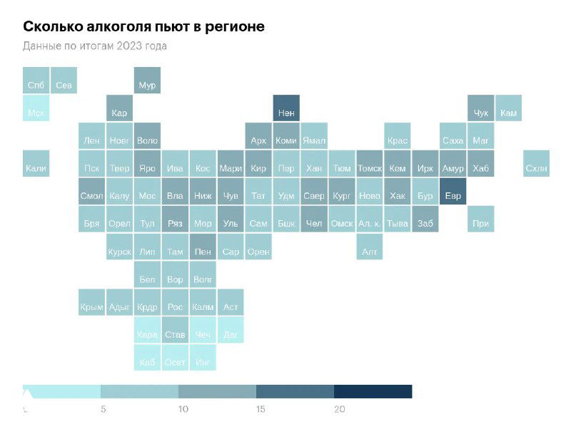 Карта России в виде блоков: подушевое потребление алкоголя по регионам в 2023 году, значения в литрах чистого спирта и цветовая шкала для сравнения.