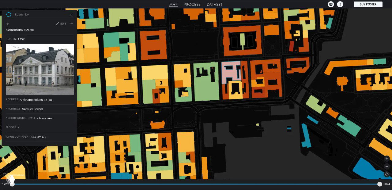 Фрагмент карты с открытой карточкой отдельного здания: фото, год постройки, площадь и этажность рядом с цветовой маркировкой.