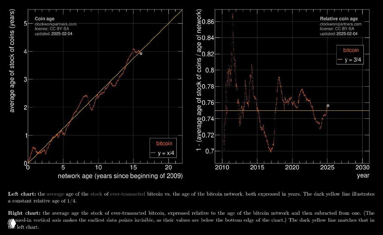 Две панельные диаграммы: слева средний возраст монет (в годах), справа относительная «coin age» сети — временные ряды на чёрном фоне.