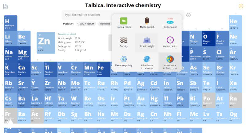 Крупный план Tablica: поиск элемента и всплывающее меню с инструментами визуализации и сведениями о химических свойствах.