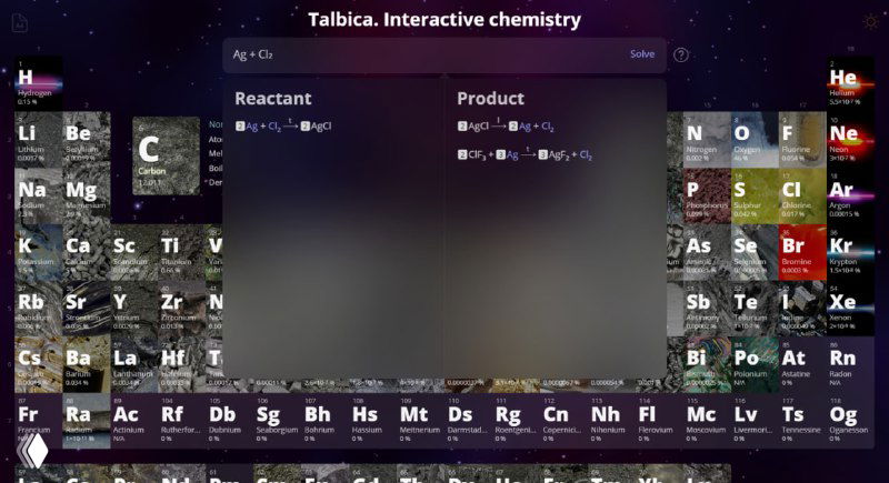 Окно симуляции химической реакции в Tablica: поле с реактантом и продуктом, панель параметров и периодическая таблица на заднем плане.