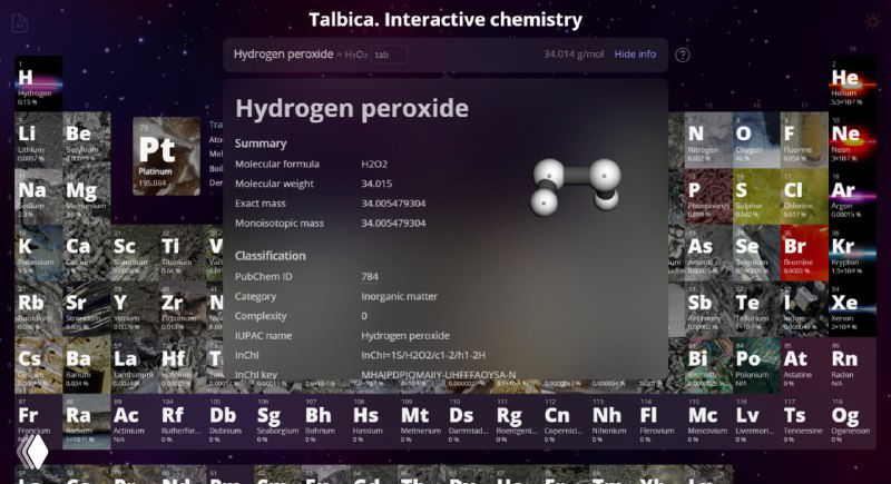 Карточка вещества — пероксид водорода: свойства, температуры, плотность и 3D-модель молекулы на фоне таблицы в Tablica.
