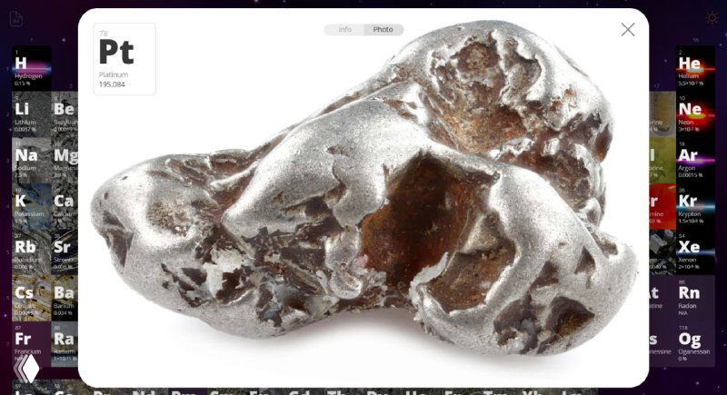 Увеличенное изображение металлической структуры платины в карточке элемента Pt, демонстрация фото-визуализации вещества.