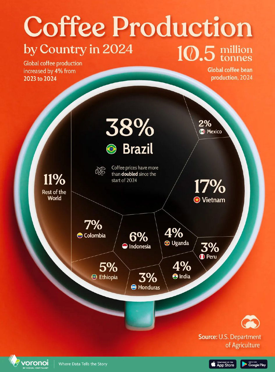 Объёмы производства кофе в странах мира, 2024