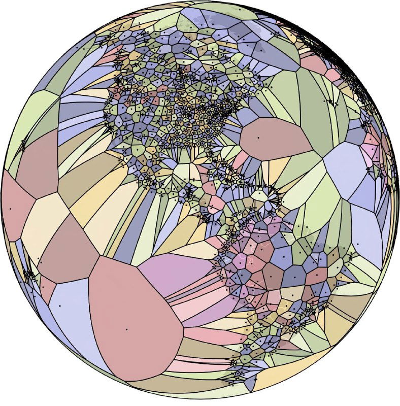 Крупный план диаграммы Вороного над Америками: видны большие ячейки вокруг удалённых островных аэропортов и плотная сеть над материками.