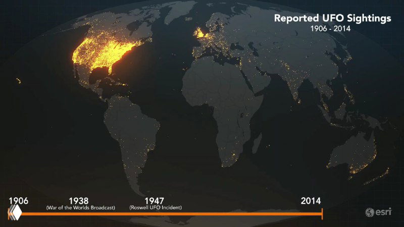 Светящаяся карта мира с желтыми точками, показывающими географию и концентрацию зарегистрированных сообщений о НЛО за 1906–2014 годы.