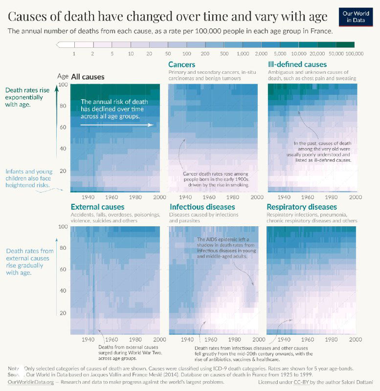 Как разные причины смертности меняются с возрастом во Франции