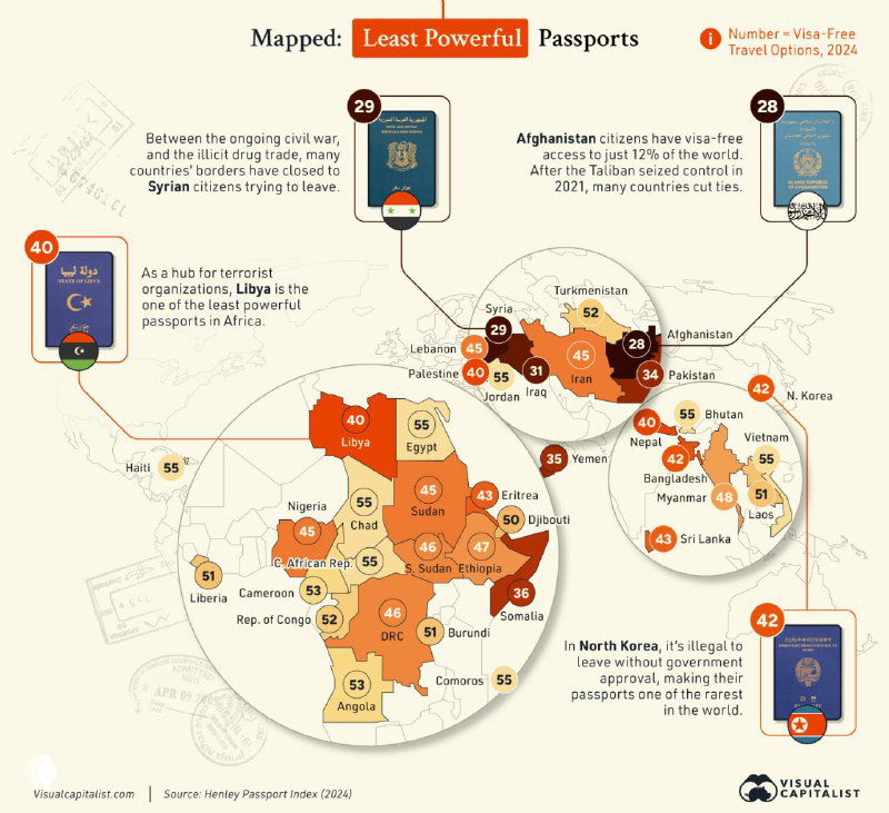 Инфографика: карта мира с отмеченными странами, чьи паспорта в 2024 имеют наименьшее число безвизовых направлений; подписи.