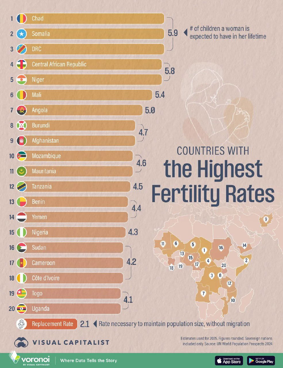 Топ-20 стран мира по коэффициенту рождаемости, 2025