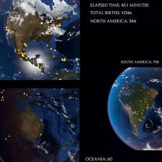 Фрагменты глобальной карты с желтыми светящимися точками рождений в разных регионах — Северная и Южная Америка, Океания — визуализация плотности новорождённых.