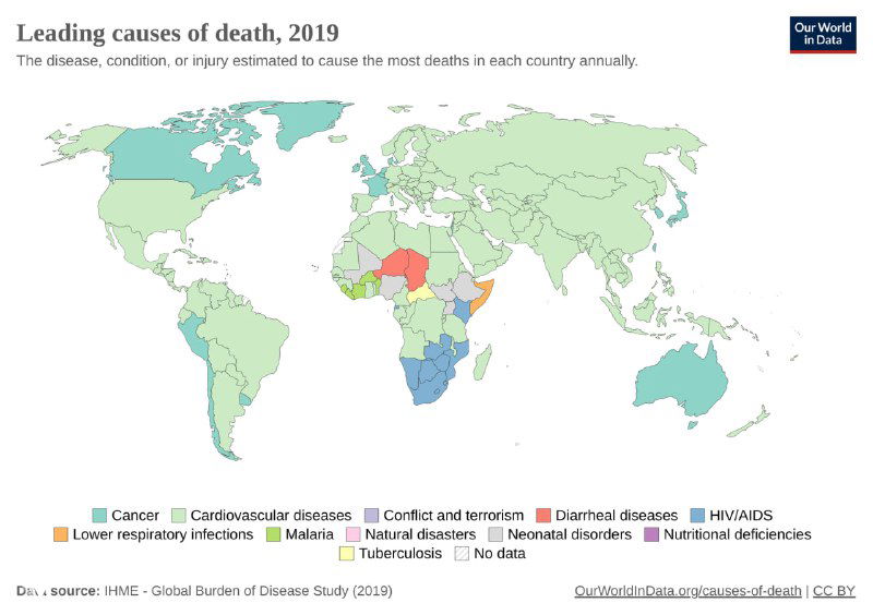 Карта ведущих причин смертности в странах мира в 2019 году с разными цветами для основных категорий причин, видна региональная дифференциация.
