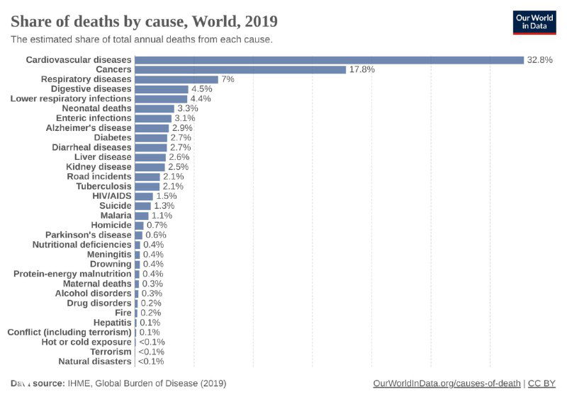 Диаграмма распределения доли смертей по причинам в мире в 2019 году: процентные доли главных категорий на общем фоне всех смертей.