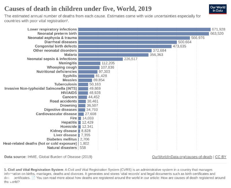 Столбчатая диаграмма с причинами смерти среди детей младше 5 лет в мире, 2019: инфекции, осложнения при рождении и другие ведущие причины показаны по количеству.