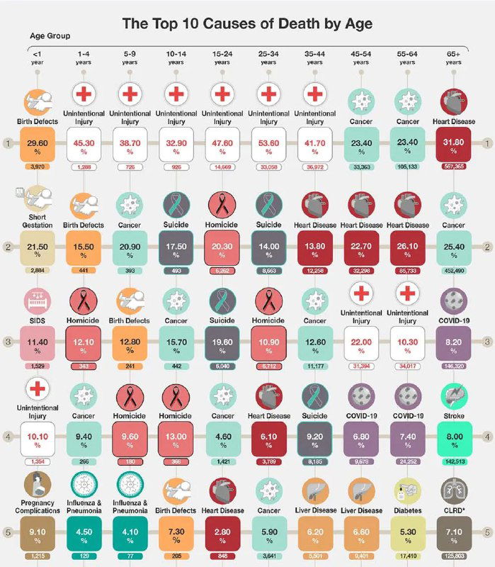 Инфографика: сетка с разбивкой топ‑10 причин смерти по возрастным группам в США, 2022, иконки причин, проценты и числа смертей для каждой группы.