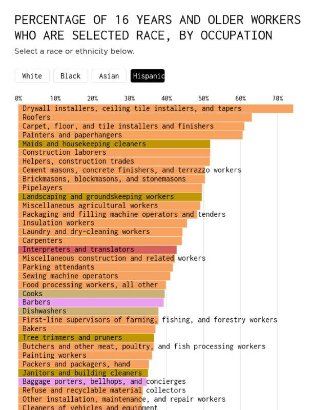 Фрагмент страницы графика: цветные полосы, подписи и процентные шкалы для разных рас по ряду профессий США, источник FlowingData (2023)