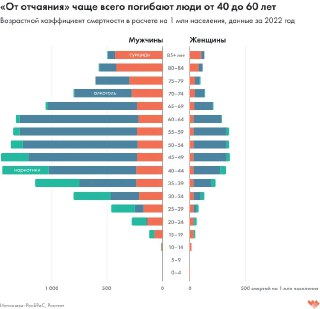 Вертикальная возрастная диаграмма: распределение смертности «от отчаяния» по возрастным группам и полу, с пиком в 40–60 лет