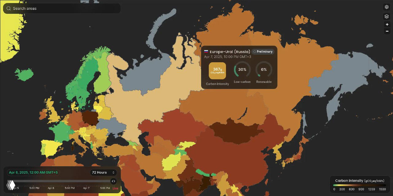 Крупный план карты Европы и России с всплывающей карточкой региона Europe‑Ural (Россия): carbon intensity 367 gCO₂/kWh, низкоуглеродная доля 30%, возобновляемые 6%.