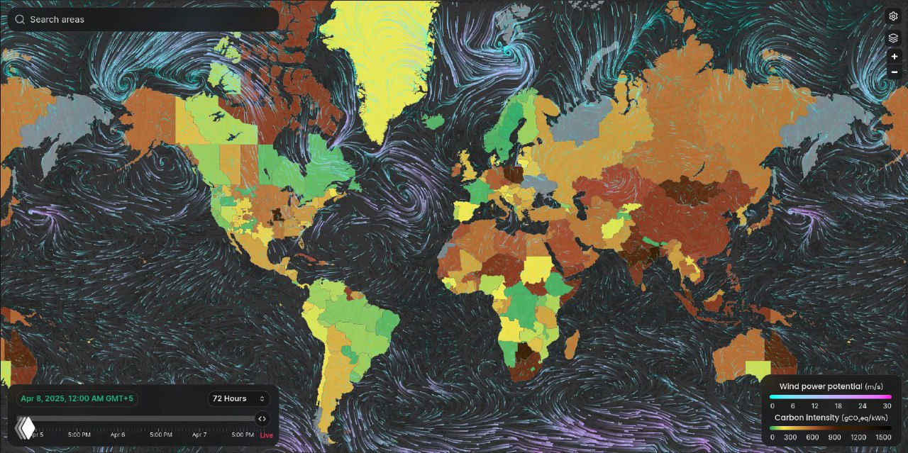 Мировая карта с наложением потоков ветра (ветровая визуализация) поверх цветовой карты интенсивности CO₂ и легендой ветрового потенциала, скриншот слоя ветра.