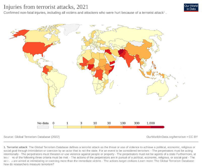Карта несмертельных ранений вследствие террористических актов по странам в 2021 году с цветовой шкалой интенсивности и источником данных.
