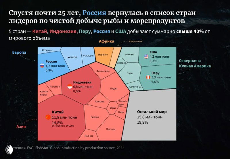 Treemap-карта распределения мировой добычи рыбы и морепродуктов между странами в 2024 году; размеры ячеек отражают доли ведущих государств.