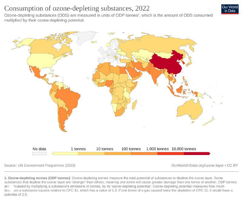 Карта потребления озоноразрушающих веществ по странам в 2022 году: цветовая шкала показывает уровень потребления в тоннах, выделены страны с наибольшим потреблением. Источник: Our World in Data.