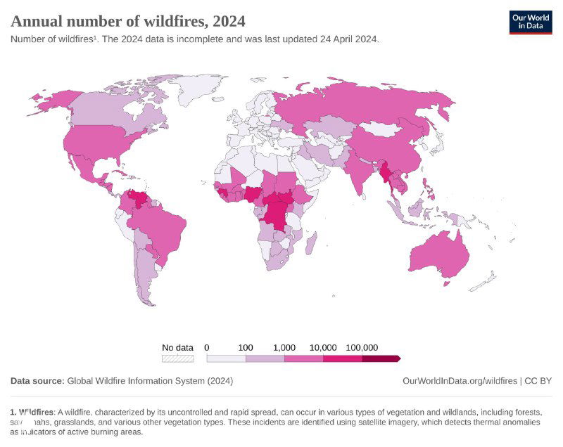 Хлороплетная карта числа лесных пожаров в странах мира за 2024 год от Our World in Data с градацией по количеству очагов и интенсивности.