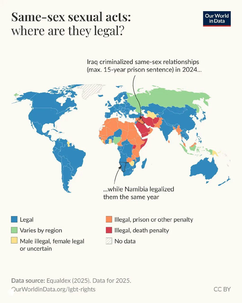 Карта Our World in Data: где в 2025 году легальны или криминализованы однополые сексуальные акты, показаны страны с разной юридической практикой и санкциями.
