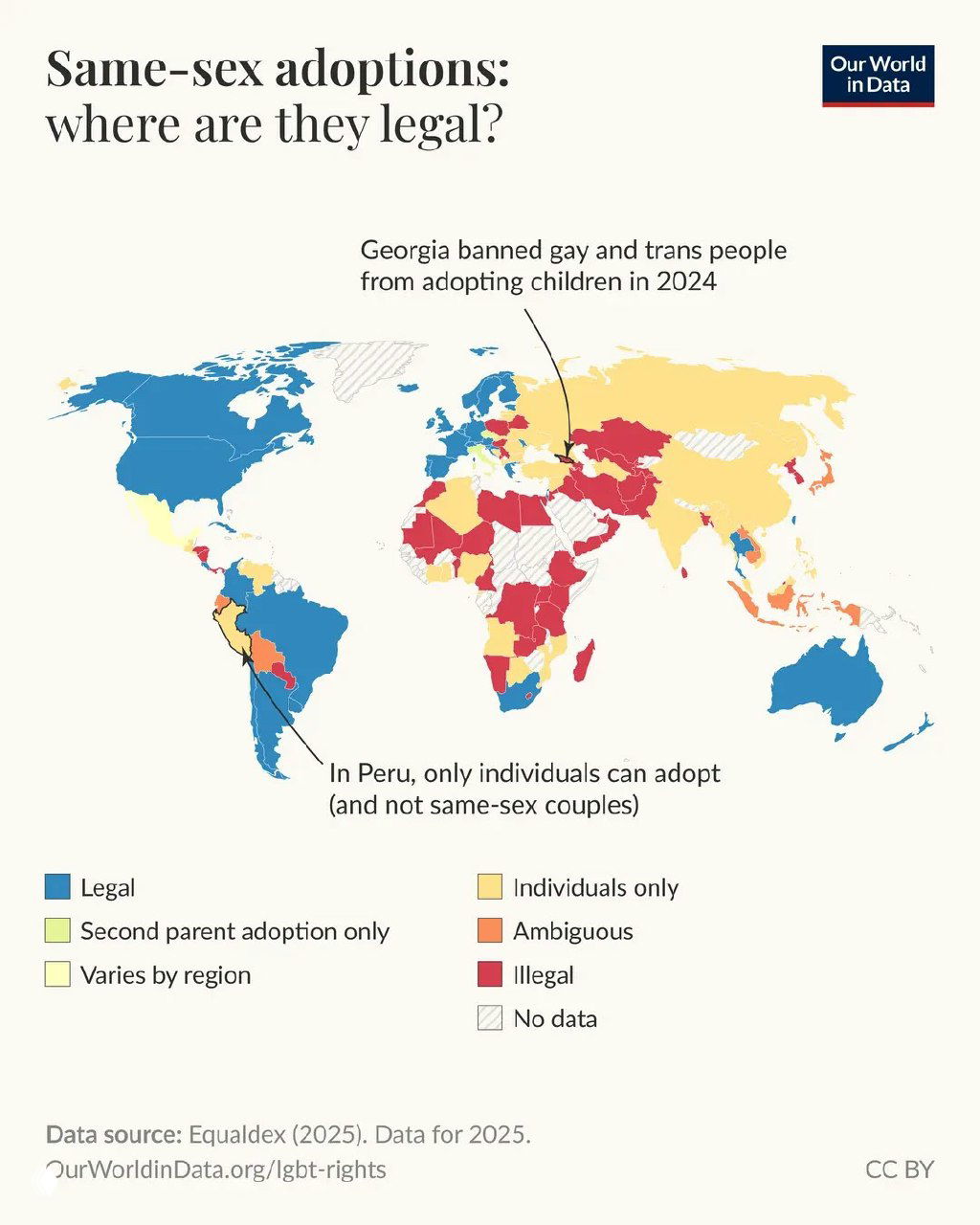 Карта Our World in Data: где в 2025 году разрешены усыновления однополыми парами, где только индивидуальные усыновления или запреты, страны окрашены по статусу.