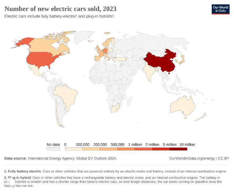 Хороплет-карта Our World in Data: количество проданных электромобилей по странам в 2023 году, интенсивность цвета отражает объемы продаж