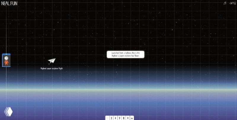 Скриншот верхних слоёв атмосферы и начала космического пространства: видно тонкую линию горизонта и элементы интерфейса лифта с высотой.