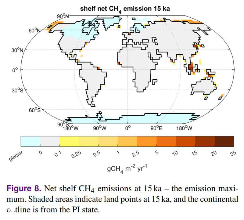 Карта пиковых выбросов метана 15 тыс. лет назад: географическое распределение максимальных эмиссий на континентальном шельфе и суше.