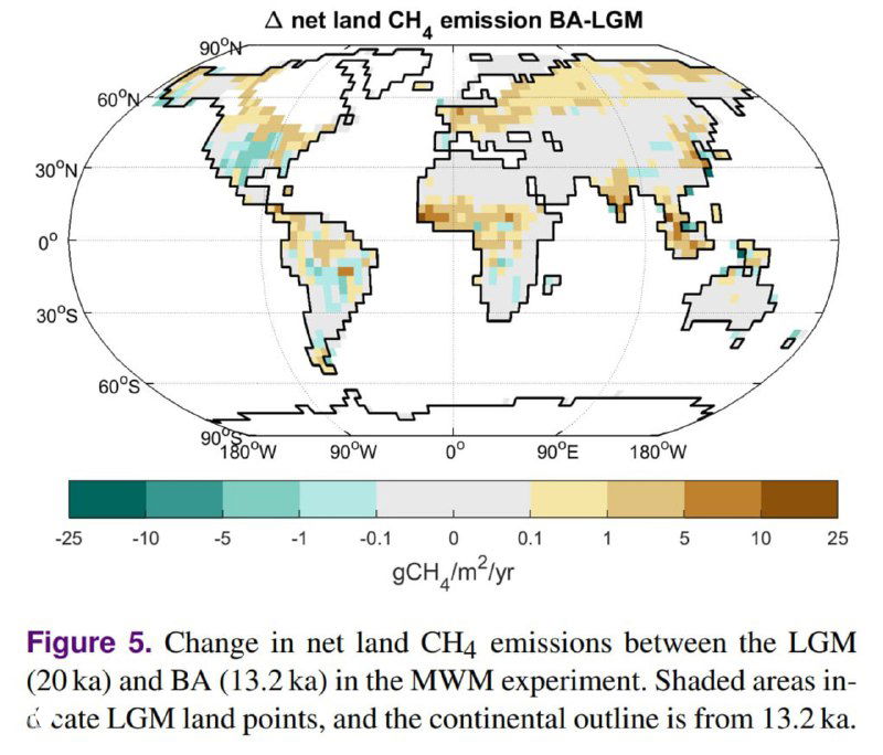 Карта изменений наземных выбросов метана между ЛГМ и Бё/А (последующие изменения эмиссий, положительные и отрицательные аномалии).