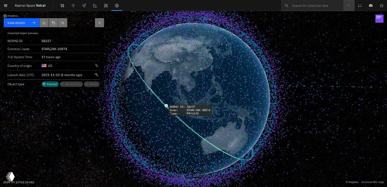 Интерфейс SatCat: земной шар и плотное кольцо точек вокруг экватора, выделен один спутник (Starlink) с показанными данными объекта.