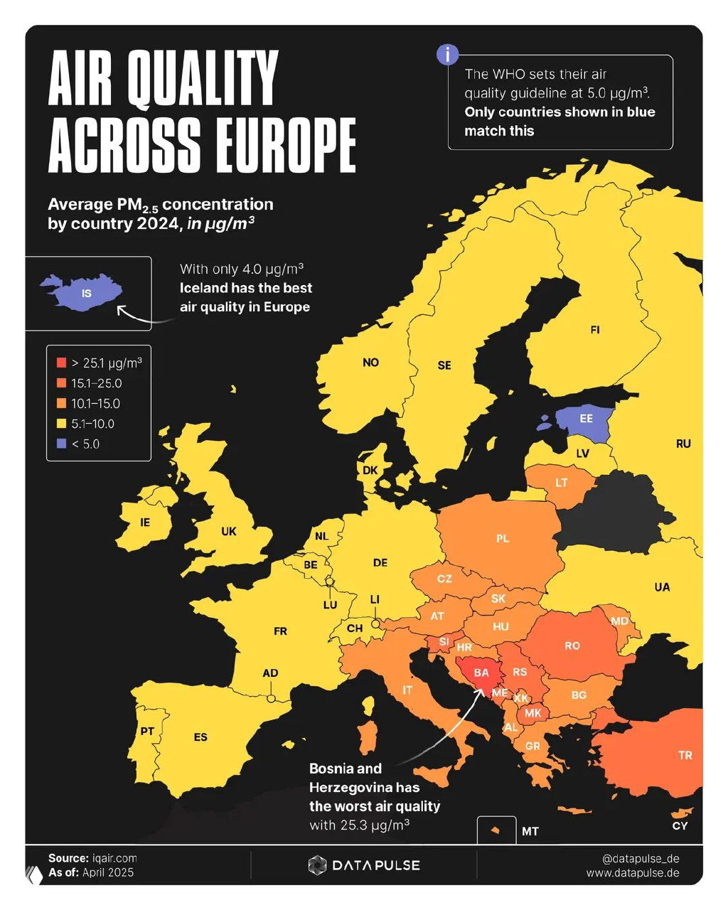 Качество воздуха (PM2.5) в Европе, 2024