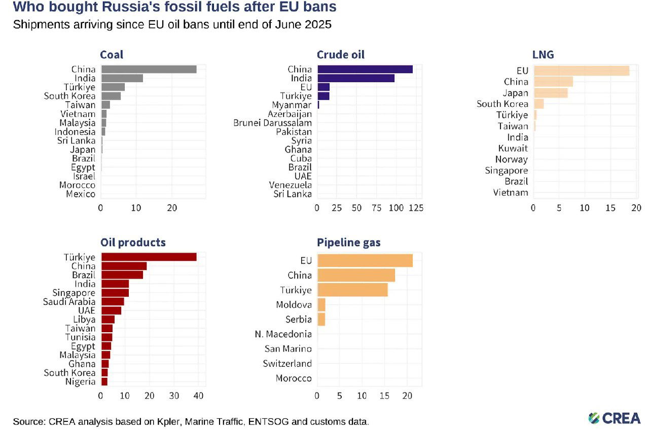 Несколько горизонтальных диаграмм покупателей российских ископаемых: уголь, сырая нефть, СПГ, нефтепродукты и трубный газ по странам после введения санкций ЕС.