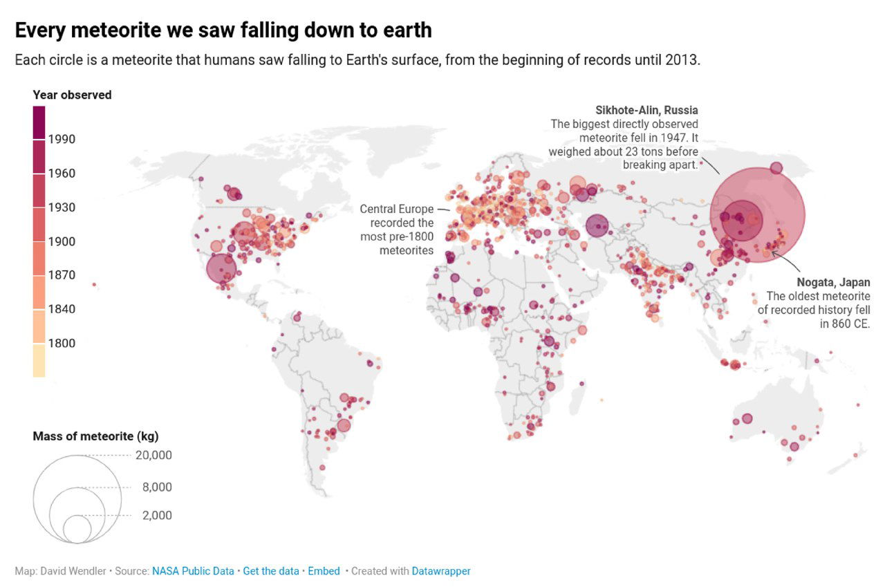 Карта зарегистрированных падений метеоритов, 860–2013