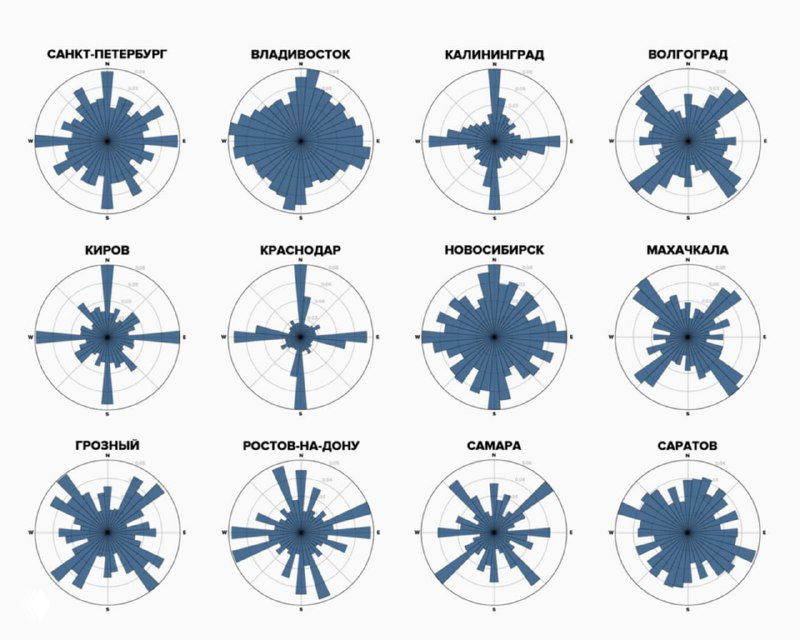 Круговые графики для российских городов: Санкт-Петербург, Владивосток, Калининград и другие с ярко выраженными направлениями улиц.