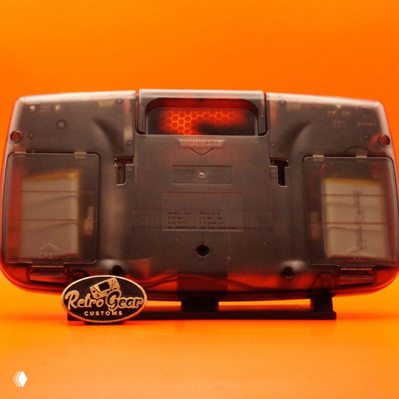 Крупный план задней стороны Sega Game Gear: крышки батарей, вентиляционные отверстия и картриджный отсек на ярком оранжевом фоне.