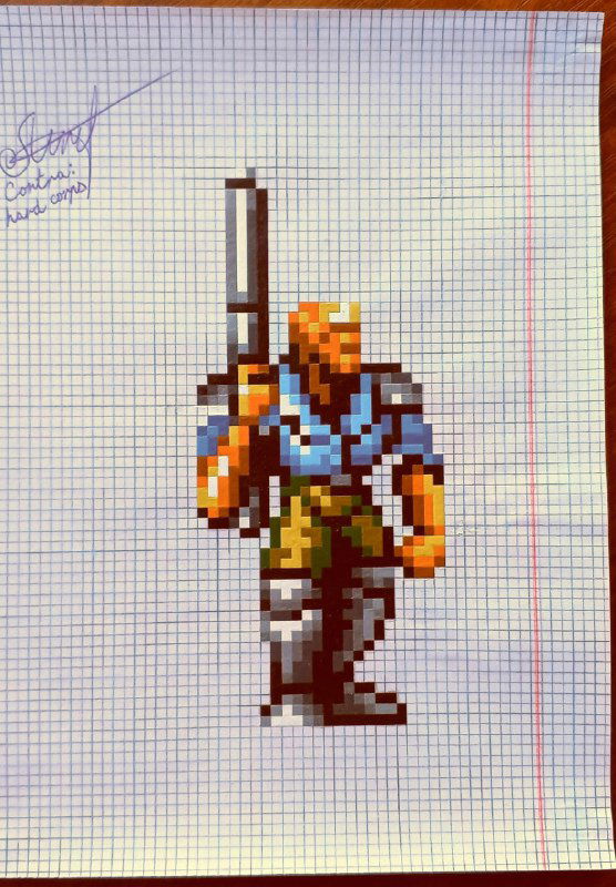 Скан пиксель-арт рисунка: солдат с винтовкой и жёлтой каской из Contra: Hard Corps, изображение на клетчатой бумаге с подписью.